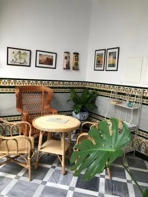 a room with a table and chairs and a plant at Lujosa suite privada en casa del S XIX in Sanlúcar de Barrameda