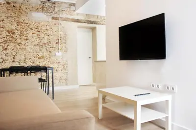 a living room with a couch and a tv on a wall at Plaza de España building in Cádiz
