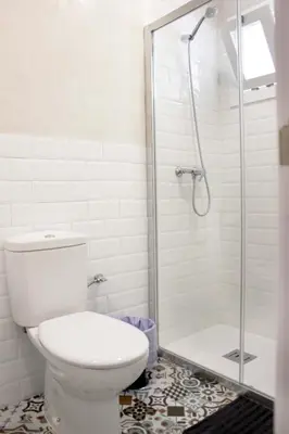 a bathroom with a toilet and a shower at Plaza de España building in Cádiz