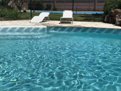 a tree with purple flowers next to a swimming pool at Casa independiente con piscina y pista deportiva privadas in El Puerto de Santa María