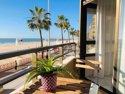 a potted plant sitting on a balcony overlooking the beach at Victoria Beach Sunset Lounge in Cádiz