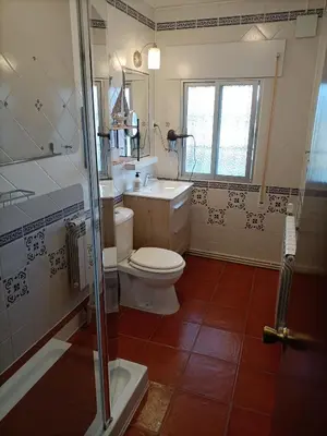 a bathroom with a toilet and a sink and a shower at Villa de Limones in Chiclana de la Frontera