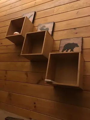four wooden shelves on a wall with pictures of a bear at Avenida Reyes Católicos in Chiclana de la Frontera