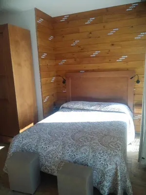 a bedroom with a bed with a wooden wall at Avenida Reyes Católicos in Chiclana de la Frontera