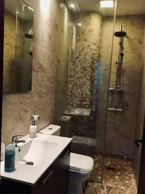 a bathroom with a shower and a toilet and a sink at Avenida Reyes Católicos in Chiclana de la Frontera