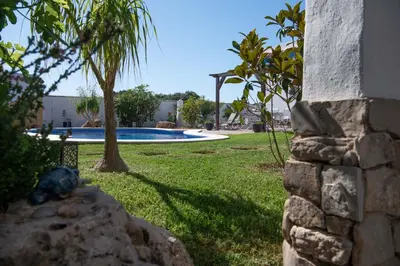 a yard with a pool with a tree and a stone wall at Los años locos in Conil de la Frontera