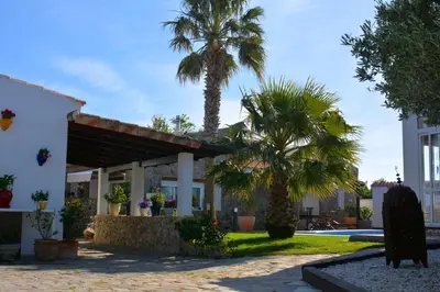 a house with palm trees in front of it at Los años locos in Conil de la Frontera