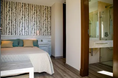 a bedroom with a large bed and a bathroom at Hotel Boutique Aroma de Mar in Chiclana de la Frontera