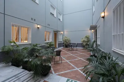 an empty courtyard with plants in a building at Plaza de la Luz Cádiz in Cádiz
