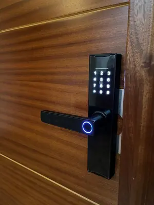 a black door handle on a wooden door at Hotel LB Lebrija by MA 22 Puntos in Lebrija