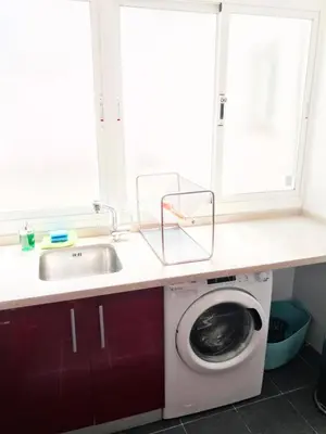 a kitchen with a sink and a washing machine at El Palomar de Menacho in Cádiz