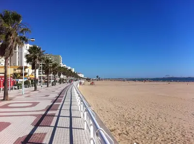 a beach with palm trees and people walking on it at Casa Rural Vacacional in Puerto Real