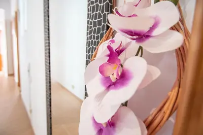 a bunch of white and purple flowers in a mirror at La casa de las margaritas in Cádiz