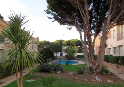 a palm tree in a yard next to a building at Los Pinos 4 in Chiclana de la Frontera