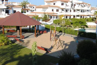 an overhead view of a park with a pavilion at Coto de Sancti Petri in Chiclana de la Frontera