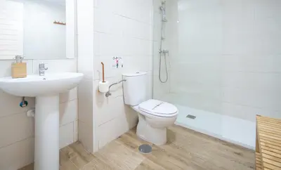 a bathroom with a toilet and a sink and a shower at Apartamento Albatro´s suite in Cádiz