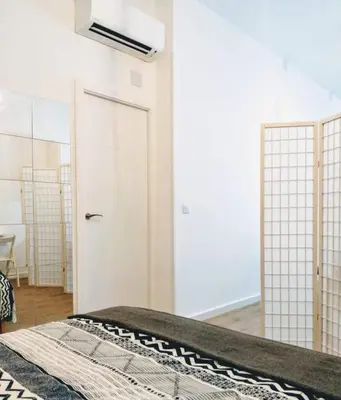 a bedroom with a bed with a door and a mirror at Los Patios de la Caleta in Cádiz