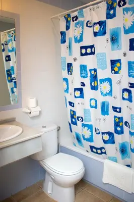 a bathroom with a toilet and a shower curtain at Villa la Dehesa in Conil de la Frontera