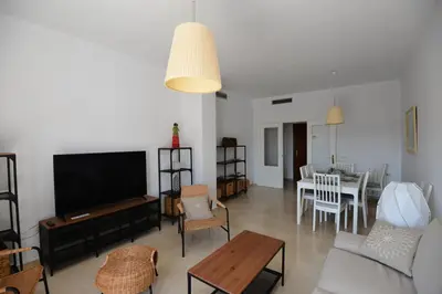 a living room with a couch and a tv and a table at PLAZA ALFONSO SÁNCHEZ FERRAJÓN in Jerez de la Frontera