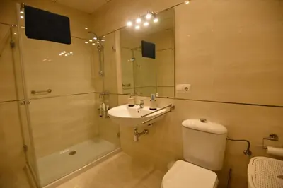 a bathroom with a toilet and a sink and a shower at PLAZA ALFONSO SÁNCHEZ FERRAJÓN in Jerez de la Frontera