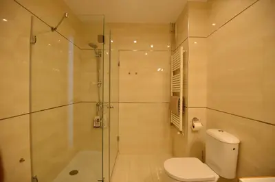 a bathroom with a toilet and a glass shower at PLAZA ALFONSO SÁNCHEZ FERRAJÓN in Jerez de la Frontera