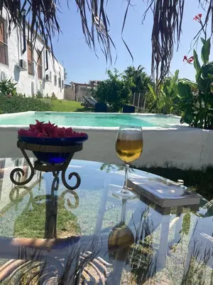a glass of wine and a bowl of flowers on a table at El Lagar de los Abuelos in Arcos de la Frontera