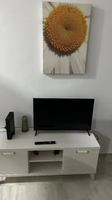 a tv on a white entertainment center with a flower painting at Castillo del Espiritu Santo (La Jara) in Sanlúcar de Barrameda