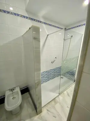 a bathroom with a shower and a toilet at Castillo del Espiritu Santo (La Jara) in Sanlúcar de Barrameda