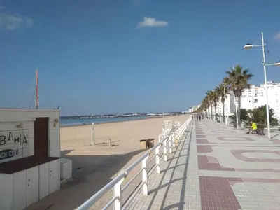 a sandy beach with palm trees and a white fence at TU DENSCANSO EN VALDELAGRANA FRENTE AL MAR in El Puerto de Santa María