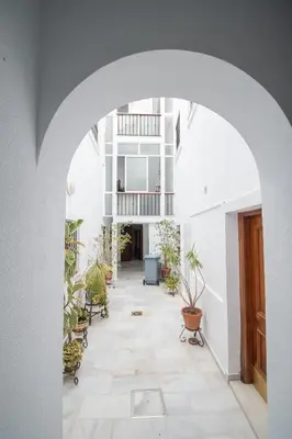an archway in a hallway with potted plants at Apartment Cadiz´s Angel in Cádiz