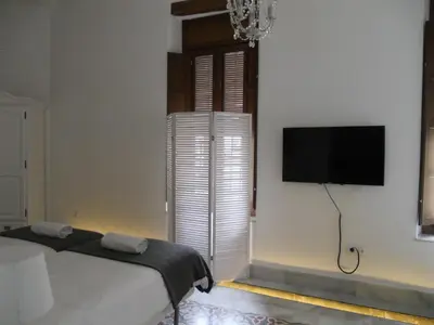 a bedroom with a bed and a flat screen tv at Santa María 12 Boutique Apartamentos in Cádiz
