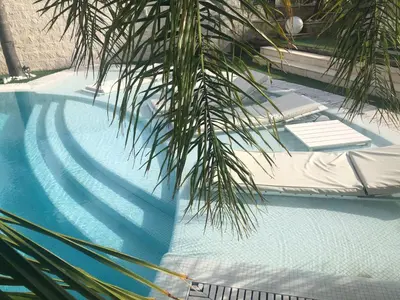 a palm tree next to a swimming pool at Villa Campito in El Puerto de Santa María