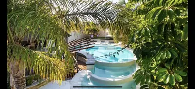 a swimming pool in a garden with palm trees at Villa Campito in El Puerto de Santa María