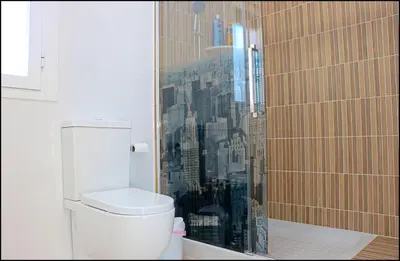 a bathroom with a toilet with a shower curtain at Casa Colorado con piscina in Conil de la Frontera