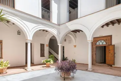 an empty courtyard with potted plants in a building at Palacio Godoy in Sanlúcar de Barrameda