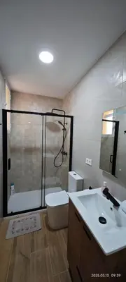 a bathroom with a shower and a toilet and a sink at JEREZ CENTRO 5 DORMITORIOS TERRAZAS CON VISTAS ALCAZAR Y PLAZA ARENAL in Jerez de la Frontera