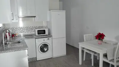 a kitchen with a washing machine and a sink and a table at Apartamento Centro Sol Plazuela in Jerez de la Frontera