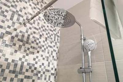 a shower with a shower head in a bathroom at Apartamentos Jerez Plaza in Jerez de la Frontera