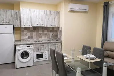 a kitchen with a washing machine and a table with chairs at Apartamentos Jerez Plaza in Jerez de la Frontera