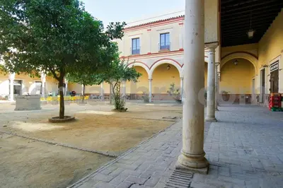 a building with columns and trees in a courtyard at Loft24Sanlúcar in Sanlúcar de Barrameda