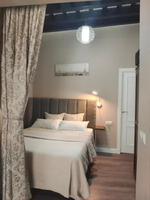 a bedroom with a bed with a curtain at La Viña (centro histórico) in Cádiz