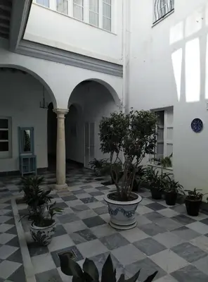 a courtyard with potted plants in a building at CASA ARCO DEL CAÑÓN - Casita con Encanto in Medina Sidonia