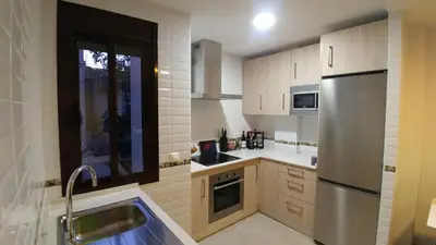 a kitchen with a sink and a stainless steel refrigerator at Apartamento Jerez Terraza Privada in Jerez de la Frontera