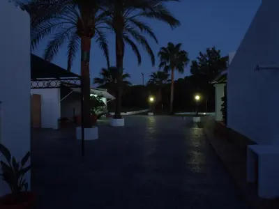 an empty driveway with palm trees at night at ABULAGAR in Rota