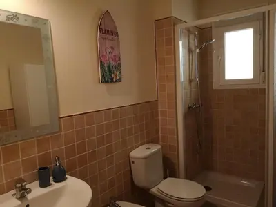 a bathroom with a toilet and a sink and a shower at Corazón del Puerto de Santa María in El Puerto de Santa María