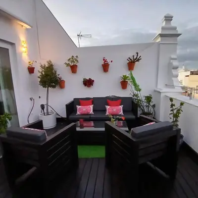 a living room with a couch and some potted plants at ***** ATTIC WITH IMPRESSIVE VIEWS AND JACUZZI in Cádiz