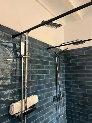 a shower in a bathroom with a blue brick wall at El Bastinazo con Terraza Privada Grupo AC Gestion in Cádiz
