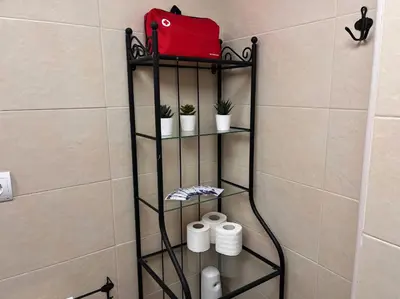 a shelf in a bathroom with toilet paper and a red purse at La Gaviota & Parking privado Grupo AC Gestion in Cádiz