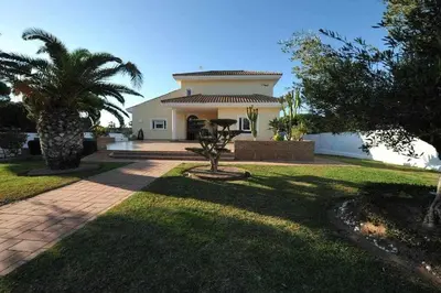 a white house with a palm tree in the yard at Chalet Villa Ventolera Novo Sancti Petri Chiclana in Chiclana de la Frontera