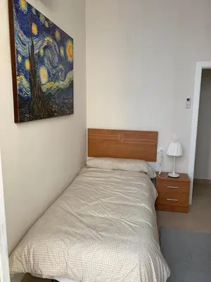 a bed in a bedroom with a painting on the wall at Apartamentos Valverde Cádiz 1 - A in Cádiz